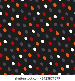 Seamless mottled pattern with handwritten dots on black background. Repeat spotty print for fabric of jackets, outerwear, raincoat, coats, children's clothing. Polka dot for wallpaper, texture, cover.