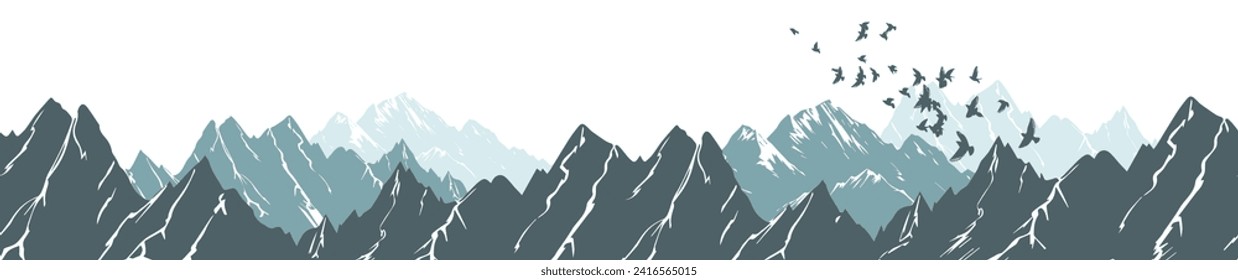 Seamless mountain background and Flying birds in the sky. Hand drawing. Not AI. Vector illustration