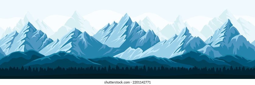 Seamless mountain pattern. Repeating panorama or landscape with high rocks, peaks, snowy hills and forest. Design element for social networks, covers and wallpapers. Cartoon flat vector illustration