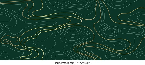 Seamless mountain topographic map green background vector. Gold and luxury wallpaper design for wall arts, fabric , packaging , web, banner, app, wallpaper