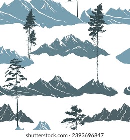 Seamless mountain with trees. background. Hand drawing. Not AI. Vector illustration