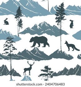 Seamless mountain with trees and forest animals. background. Hand drawing. Not AI. Vector illustration