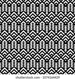 Seamless mountains, arrows pattern. Repeated chevrons, diamonds, angle brackets, curves, triangles background. Ethnic ornament. Ancient window tracery motif. Digital paper, textile print. Vector art.