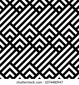 Seamless mountains, arrows, strokes pattern. Repeated chevrons, diamonds, angle brackets, curves, lines background. Ethnic ornament. Ancient window tracery motif. Digital paper, textile print. Vector.