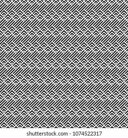 Seamless mountains, arrows, strokes pattern. Repeated chevrons, diamonds, angle brackets, curves, lines background. Ethnic ornament. Ancient window tracery motif. Digital paper, textile print. Vector.