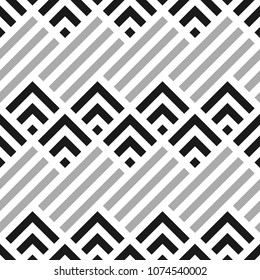Seamless mountains, arrows, strokes pattern. Repeated chevrons, diamonds, angle brackets, curves, lines background. Ethnic ornament. Ancient window tracery motif. Digital paper, textile print. Vector.