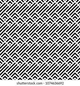 Seamless mountains, arrows, strokes pattern. Repeated chevrons, diamonds, angle brackets, curves, lines background. Ethnic ornament. Ancient window tracery motif. Digital paper, textile print. Vector.
