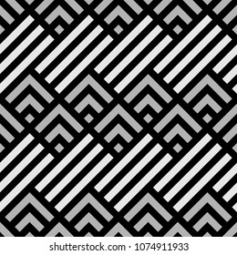 Seamless mountains, arrows, strokes pattern. Repeated chevrons, diamonds, angle brackets, curves, lines background. Ethnic ornament. Ancient window tracery motif. Digital paper, textile print. Vector.