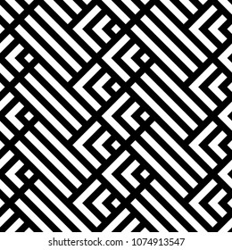 Seamless mountains, arrows, strokes pattern. Repeated chevrons, diamonds, angle brackets, curves, lines background. Ethnic ornament. Ancient window tracery motif. Digital paper, textile print. Vector.