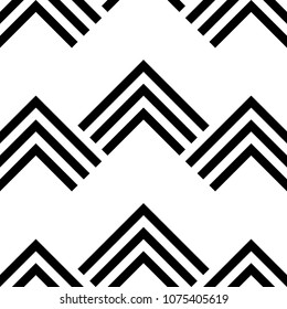 Seamless mountains, arrows, strokes pattern. Repeated chevrons, diamonds, angle brackets, curves, lines background. Ethnic ornament. Ancient window tracery motif. Digital paper, textile print. Vector.