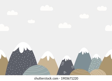 Seamless Mountains And Cloudy Sky Background In Dusty Colors. For Nursery Room Wallpaper, Decoration, Web Banners, Poster, Etc.