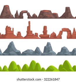 Seamless mountains and hills layers, vector endless landscape elements