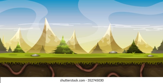 Seamless Mountains Landscape For Game Ui/
Illustration of a cartoon seamless summer or spring mountain landscape, with grass, roots, pine trees and firs for ui game or travel and seasonal background