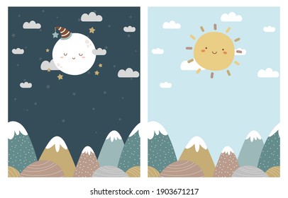 Seamless mountains and sky background set, night and day. Hand drawn mountains, hills, clouds, moon, and sun.