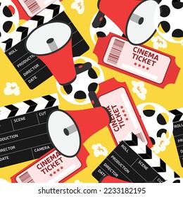 Seamless movie pattern. Production film, cinema pattern. Cinema tickets, clapperboard, megaphone, film reel. Vector illustration.