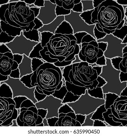 Seamless mozaic floral pattern with black roses and leaves