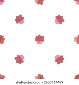 Seamless muffin cupcake pattern with scattered pink muffins and dark red tops on a clean white background in a cute, cartoon style.