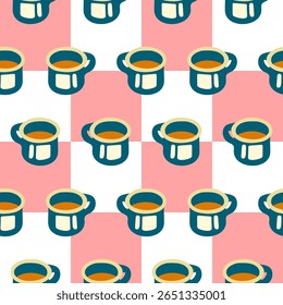 Seamless Mug and Checkered Pattern. Cartoon metal mugs with warm drink on pink and white checkered background. Seamless flat pattern with cozy breakfast and camping vibe.