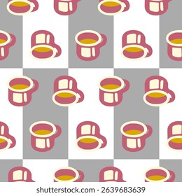 Seamless Mug Drink Pattern. Seamless pattern with stylized mugs filled with tea or coffee on gray and white checkered background. Flat cartoon style with top view and cozy theme.