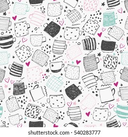 Seamless Mug Pattern With Hand Drawn Design Elements.