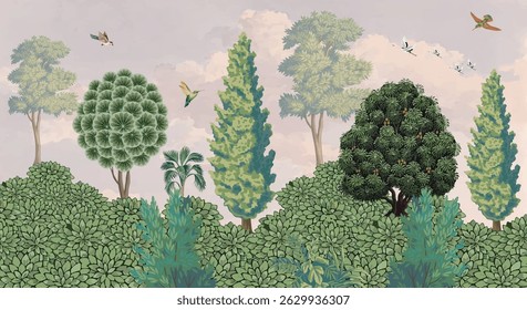 Seamless Mughal Garden Illustration, Seamless Wall Mural Seamless Wallpaper, Garden Illustration, Birds, Peacock.