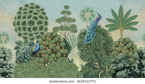 Seamless Mughal Garden Illustration, Mughal Wall Mural, Peacock, Wedding Wallpaper, Mughal Tree, Palm Tree.