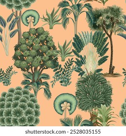 Seamless Mughal Mural Illustration, Seamless Background, Tropical Wallpaper.