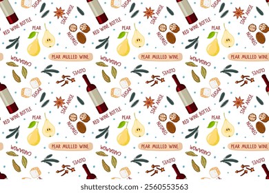 Seamless mulled pattern. Background with Pear Mulled Wine ingredient. Warming drink for winter and autumn. Hot wine drink with Red Wine, spices and pear illustration for wallpaper, textile, print