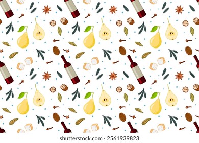 Seamless mulled pattern. Background with Pear Mulled Wine ingredient. Warming drink for winter and autumn. Hot wine drink with Red Wine, spices and pear illustration for wallpaper, textile, print