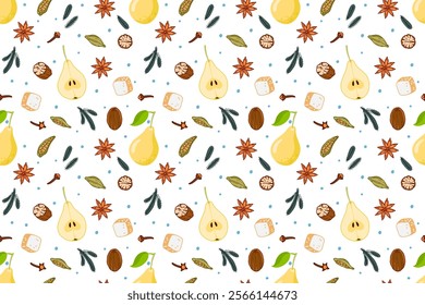 Seamless mulled pattern. Background with Pear Mulled Wine ingredient. Warming drink for winter and autumn. Hot drink with sugar, spices and pear. Repeted illustration for wallpaper, textile, print