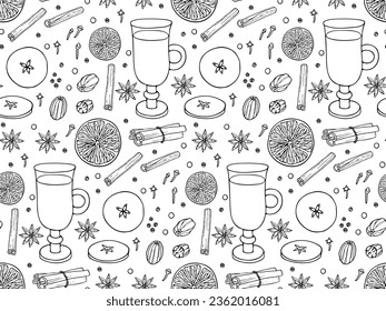 Seamless Mulled wine pattern. Christmas Hot drink ingredients. Fruit mulled wine recipe. Doodle Outline vector illustration. Hot drink recipe. Repeated background For wallpaper, wrapping, scrapbooking