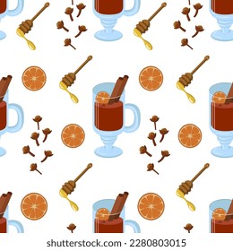 Patrón de vino sin carne. Especias para vino a la parrilla, miel, naranja. Ilustración vectorial en fondo blanco