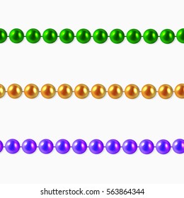  Seamless Multi color 3D gold, green, purple beads isolated on white background. Set for Celebratory Design, Xmas Holiday, greeting card, Mardi gras decorations, design element. vector illustration