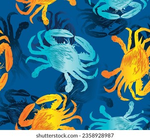 Seamless multi colored crab pattern on a blue background. Large vector print.