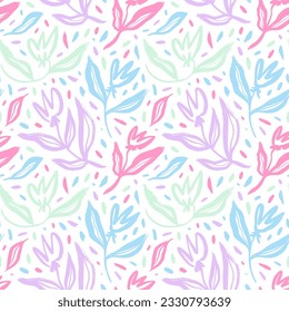 Seamless multi colored floral pattern with tulips, leaves and dots. Brush drawn flower silhouettes in folk or childish style. Hand drawn abstract botanical shapes pattern. Black paint illustration.