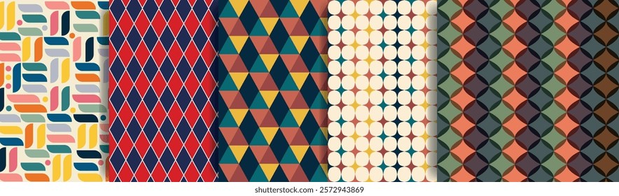Seamless multi colored retro abstract shapes pattern set. Vector geometric ornament collection