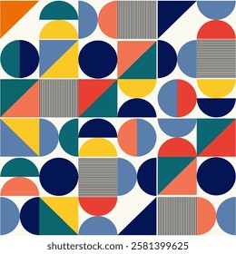 Seamless multi colored retro Bauhaus abstract shapes pattern. Vector abstract geometric background.