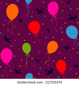 seamless - multicolor balloons flying in the sky with birds and confetti on purple background
