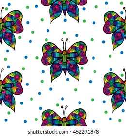 Seamless with multicolor butterfly and blue, green circle on the white background