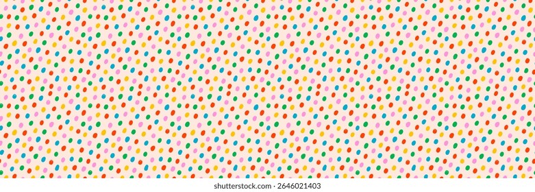 Seamless multicolor dot pattern background on cream. Confetti polka dot vector with playful, colorful, and abstract print style. Great for party wrapping paper, fabric. Drag to swatches panel to use
