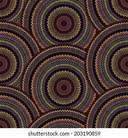 Seamless Multicolor Ethnic Geometric Knitted Pattern. Style Circle Red Green Orange Black Grey Background