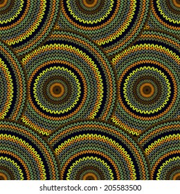 Seamless Multicolor Ethnic Geometric Knitted Pattern. Style Circle Yellow Green Orange Black Grey Background