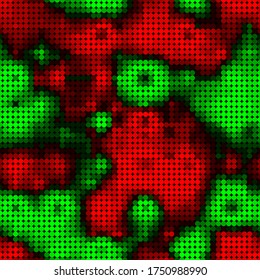 Seamless multicolor geometric glowing chaotic red and green circles pattern background. Abstract radial pixel grid modern endless textured