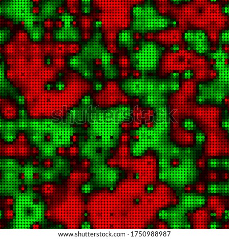 Seamless multicolor geometric glowing chaotic red and green circles pattern background. Abstract radial pixel grid modern endless textured