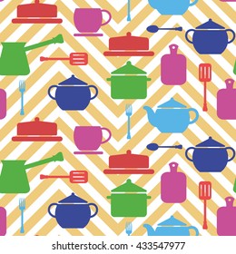 Seamless multicolor kitchen background with crockery. Endless colorful vector pattern with kettle, pot, fork, spoon, sugar bowl, cup and scapula