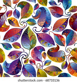 Seamless multicolor leaves pattern, stylized ornamental background