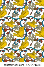 Seamless multi-color pattern with birds and flowers
