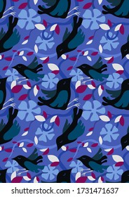 Seamless multi-color pattern with birds and flowers