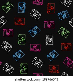 Seamless multicolor pattern with cameras. Decorative drawing background