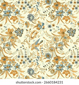 Seamless multicolor pattern featuring tiny flowers and delicate branches scattered gracefully across a soft beige background, perfect for textiles, wallpapers, and elegant surface design.